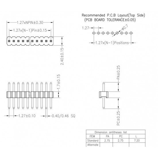 Single row pin 1.27mm golden-plated straight pin 1X10P